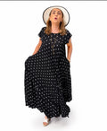 Robe longue noire à pois avec Poches blancs, fluide et élégante Taille unique