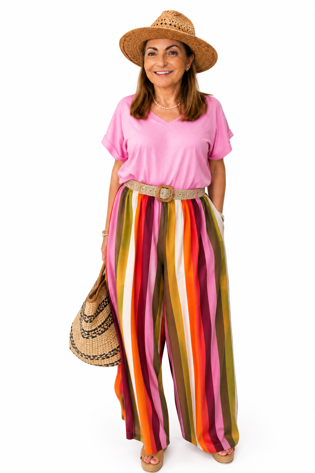 Pantalon large à rayures multicolores Belle Matière 100% Viscose Taille unique.